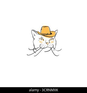 Collection de ligne graphique abstraite vectorielle dessinée à la main avec des personnages de chats de cow-boy de dessin animé drôle de doodle dans Hat.Vector illustration de dessin animé drôle Illustration de Vecteur