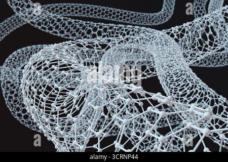 Structure hexagonale atomique blanche formant des tubes courbés à travers l'écran sur un fond noir. Fond d'écran pour des sujets scientifiques Banque D'Images