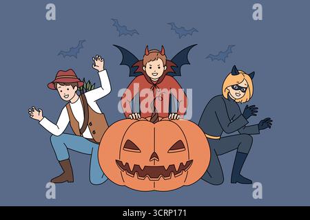 Costumes d'Halloween amusants, fantaisistes et ludiques avec des citrouilles adorables et mignonnes et des chauves-souris Spooky Illustration de Vecteur