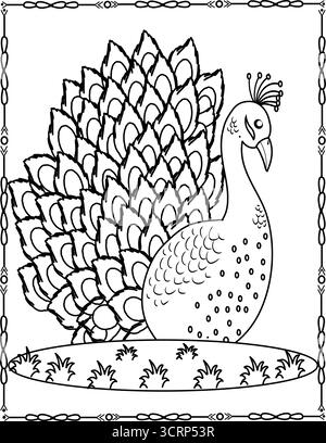 Magnifique page de coloriage paon. Elegant Bird Art pour les enfants et les adultes. Illustration de Vecteur
