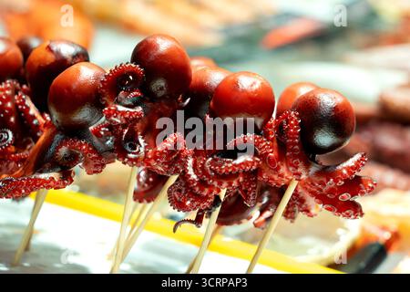 Brochettes de nourriture de rue pour bébé poulpe, délicatesse de fruits de mer rouge vif sur bâtonnets, populaire dans les marchés nocturnes japonais et la culture culinaire asiatique Banque D'Images