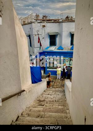 Scène de rue bleue et blanche à Sidi Bou Said, Tunisie : art mural en céramique, chemin pavé et sièges de café. Capturé le 23 septembre 2025. Banque D'Images
