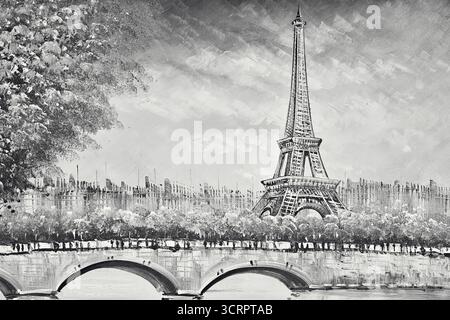 L'emblématique Tour Eiffel se dresse majestueusement au-dessus du Pont dans un magnifique noir et blanc Banque D'Images