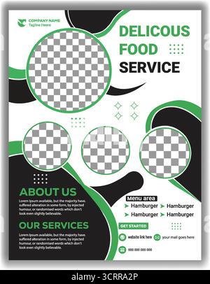 Modèle de dépliant sur les services alimentaires délicieux et modernes affiche promotionnelle sur les menus des restaurants vert et noir conception modifiable des dépliants sur les produits alimentaires Illustration de Vecteur