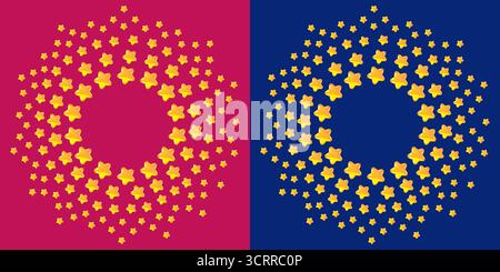 Un cadre rond d'étoiles avec de l'espace pour le texte. Un cadre d'étoiles dorées de différentes tailles sur fond bleu et rouge. Illustration de Vecteur