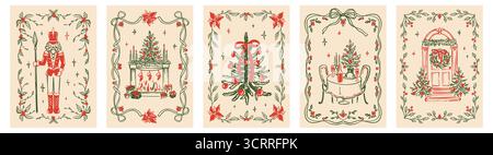 Ensemble de cartes de vœux fantaisistes dessinées à la main rouge et vert joyeux Noël et bonne année, affiches, arrière-plans. Feuilles Holli, fleurs poinsettia GA Illustration de Vecteur