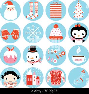 Icônes rondes d'hiver de vecteur mignon avec des symboles de Noël dans des cercles bleus pour des autocollants Illustration de Vecteur