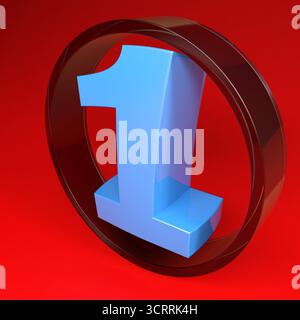 Numéro un dans un cercle de verre, sur fond rouge - illustration de rendu 3D. Banque D'Images