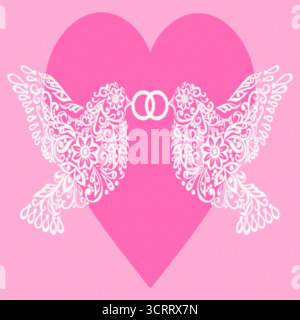 Silhouette de deux oiseaux blancs qui tiennent l'anneau contre les coeurs roses,carte postale à la Saint-Valentin, fête des mères ou un mariage Illustration de Vecteur