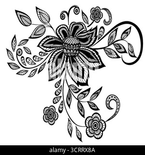 bel élément de conception de motif floral noir et blanc. Beaucoup de similitudes dans le profil de l'artiste Illustration de Vecteur