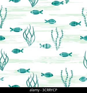 Motif marin sans couture avec des silhouettes de poissons et d'algues aquarelles Illustration de Vecteur
