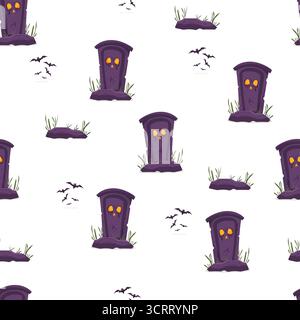 Modèle sans couture d'Halloween avec pierre tombale et chauves-souris Illustration de Vecteur