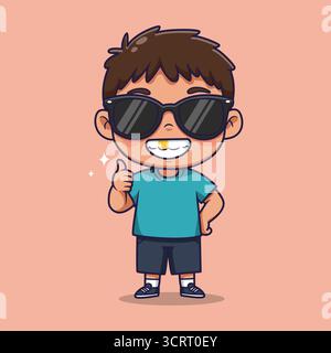 Cool Kid avec des dents d'or et des lunettes de soleil donnant Thumbs Up. Illustration vectorielle Banque D'Images
