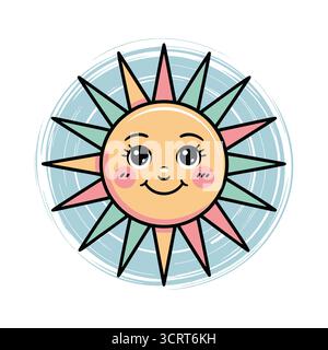 Personnage de soleil de dessin animé mignon souriant avec un design de fond de couleurs pastel Illustration de Vecteur