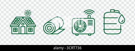 Maison durable avec isolation de panneau solaire, climatisation et icônes de réservoir d'eau Illustration de Vecteur
