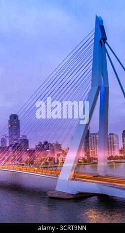 Vue panoramique du pont Erasmus Erasmusbrug à Rotterdam. Skyline du quartier des affaires financières Banque D'Images