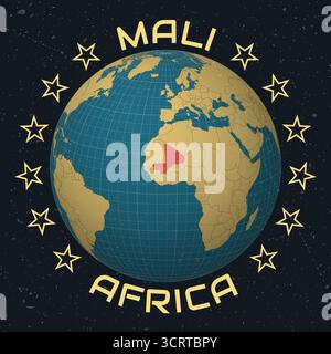 Mali sur Globe. Texte rond du nom du pays. Look vintage avec texture grunge rayée. Vue du pays sur la carte du monde dans la palette de couleurs Sky Blue Light Yellow. Illustration de Vecteur