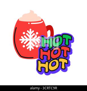 Autocollant ou patch funky pour boisson chaude de Noël Y2K. Patch de vacances d'hiver des années 60, autocollant vectoriel groovy Y2K de Noël. Étiquette vintage festive du nouvel an avec tasse rouge de boisson chaude et typographie colorée Illustration de Vecteur