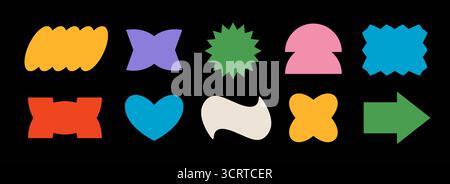 Collection de forme d'autocollant abstrait coloré lumineux. Ensemble d'éléments de bordure rétro pop art. Groovy paquet de cadre géométrique pour patch, badge, étiquette, étiquette, bannière, affiche, autocollant. Vecteur de divers paquets de billets Illustration de Vecteur