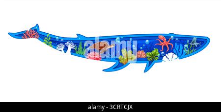 Silhouette de baleine coupée en papier avec paysage marin sous-marin et animaux dans la mer. le cadre vectoriel 3d papercut en forme d'animal souffleur capture la beauté sereine des profondeurs océaniques et de la vie marine Illustration de Vecteur