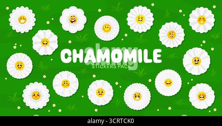 Autocollants de camomille de dessin animé avec des visages de fleurs de Marguerite. Camomille fleurissent des personnages avec des émotions drôles. Ensemble vectoriel de patchs avec des fleurs d'été mignonnes sourire, rire, fou ou clin d'œil et emojis surpris Illustration de Vecteur