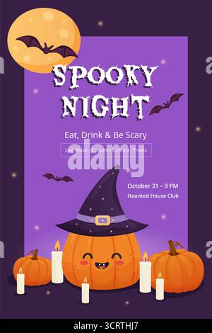 Affiche de fête d'Halloween Spooky Night avec citrouille, bougies brillantes, chauves-souris. promotion de l'événement, circulaires Illustration de Vecteur