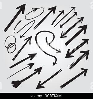Image présentant un ensemble vectoriel diversifié de dessins de flèche dessinés à la main. Incluez une variété de styles tels que croquis, griffonnage, courbe, spirale et pinceau Illustration de Vecteur