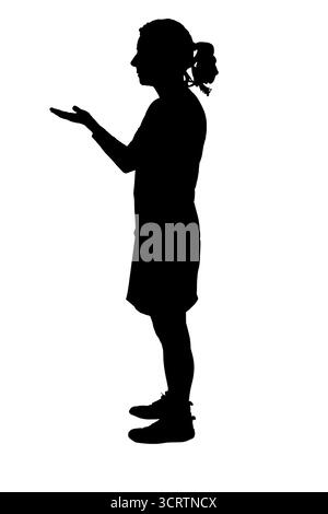 silhouette de vue de côté d'une femme montrant un objet imaginaire dans sa main Banque D'Images