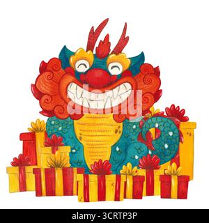 Un dragon chinois vert parmi les boîtes de cadeaux pour le nouvel an lunaire. Illustration d'aquarelle dessinée à la main. Dessin isolé, dessin animé, pour un festif Banque D'Images
