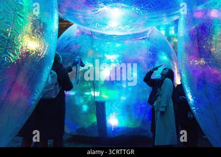 Essen, Allemagne. 02 octobre 2025. L'installation lumineuse d'Evanescent par Atelier Sisu est vue lors du traditionnel festival de lumière d'Essen 2025 à Essen, Allemagne, le 2 octobre 2025. (Photo de Ying Tang/NurPhoto) crédit : NurPhoto SRL/Alamy Live News Banque D'Images