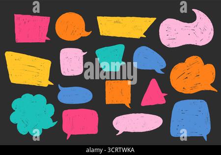 Cadres de texte ludiques pour dialogue vocal en crayon. Bulles dessinées à la main dans une boîte de tableau noir. Autocollants de chat abstrait et nuages de crayons. Illustration vectorielle Illustration de Vecteur