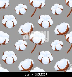 Élégant motif sans couture avec des fleurs de coton blanc doux sur des tiges marron sur un fond gris. Parfait pour l'impression textile, arrière-plans Web, packagin Illustration de Vecteur
