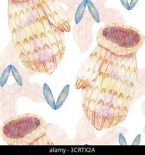 Modèle sans couture avec moufles tricotées et flocons de neige en laine. Illustration aquarelle. Pour divers magazines, livres de Noël rétro vintage et vacances Banque D'Images