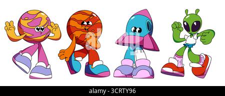 Personnages groovy Planet avec Jupiter et mars, fusée et mascottes extraterrestres pour illustration de dessins animés rétro. Amis cosmiques colorés avec des signes de paix, des baskets et des poses funky. Ensemble d'espace psychédélique. Illustration de Vecteur
