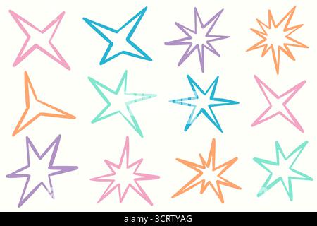 Formes d'étoiles irrégulières. Étincelles épaisses vectorielles abstraites. Éléments géométriques aléatoires sur fond blanc. Éléments de design rétro Illustration de Vecteur