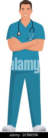 Médecin confiant avec stéthoscope debout avec les bras croisés, concept de médecine et de soins de santé, corps entier isolé Illustration de Vecteur