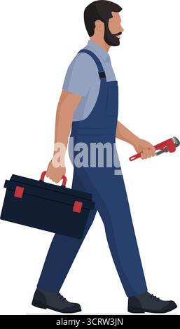 Plombier professionnel tenant outils et marche, vue de profil, corps entier isolé Illustration de Vecteur