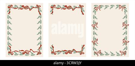 Bordure de décoration de Noël avec branches de sapin, arc et ruban dans le style vintage doodle pour cartes de voeux, affiche, écriteaux, invitations dans élégant Illustration de Vecteur