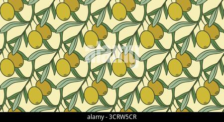 Branches d'olivier avec des fruits verts, modèle sans couture. Fond solide avec des olives. Imprimer pour l'emballage et la conception de l'huile d'olive extra vierge, vecteur Illustration de Vecteur