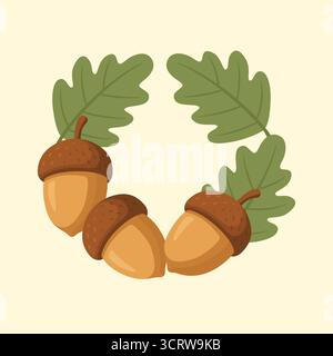 Couronne d'automne avec glands et feuilles de chêne dans un style décoratif Illustration de Vecteur