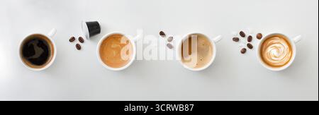 Collection de quatre cafés de saveurs et de types différents. Vue de dessus. Banque D'Images