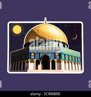 Mosquée illustration vectorielle autocollants avec Dôme d'or, calligraphie arabe, entrée voûtée, Art d'architecture religieuse Illustration de Vecteur