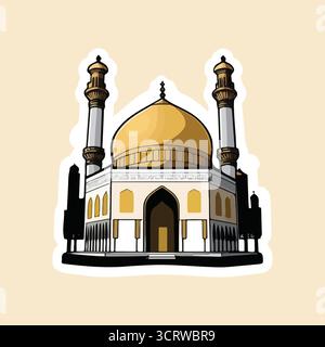 Mosquée illustration vectorielle autocollants avec Dôme d'or, calligraphie arabe, entrée voûtée, Art d'architecture religieuse Illustration de Vecteur