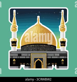 Mosquée illustration vectorielle autocollants avec Dôme d'or, calligraphie arabe, entrée voûtée, Art d'architecture religieuse Illustration de Vecteur