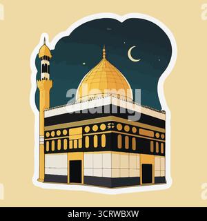 Mosquée illustration vectorielle autocollants avec Dôme d'or, calligraphie arabe, entrée voûtée, Art d'architecture religieuse Illustration de Vecteur