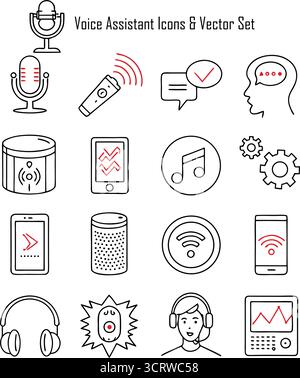 Ensemble vectoriel d'icônes d'assistant vocal – technologie intelligente, interaction ai et symboles de reconnaissance vocale pour la conception UI/UX Illustration de Vecteur