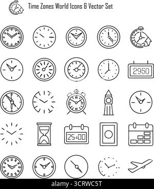 Ensemble vectoriel d'icônes de fuseau horaire mondial – horloges globales, heure de lieu et symboles de planification internationale pour les applications et la conception de voyages Illustration de Vecteur