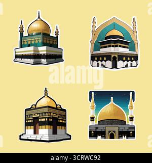 Mosquée illustration vectorielle autocollants avec Dôme d'or, calligraphie arabe, entrée voûtée, Art d'architecture religieuse Illustration de Vecteur