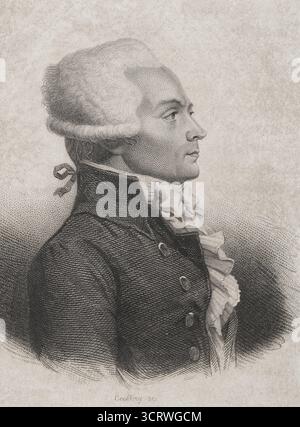 Maximilien Robespierre (1758-1794) Écrivain, avocat et homme politique français. Un des leaders de la Révolution française. Président de la Convention nationale à deux reprises, membre des Jacobins et du Comité de sécurité publique. Portrait. Gravure de Geoffroy. Histoire de la Révolution française, par M.A. Thiers. Volume III. Paris, Furne et Cie, 1845. Banque D'Images