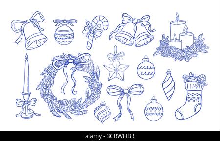 Ensemble de dessin à la main de couronne de Noël, décor, branches de sapin, bougie, arc, boules et cloches. Décoration de vacances dans le style doodle. Design du nouvel an. Vecto Illustration de Vecteur